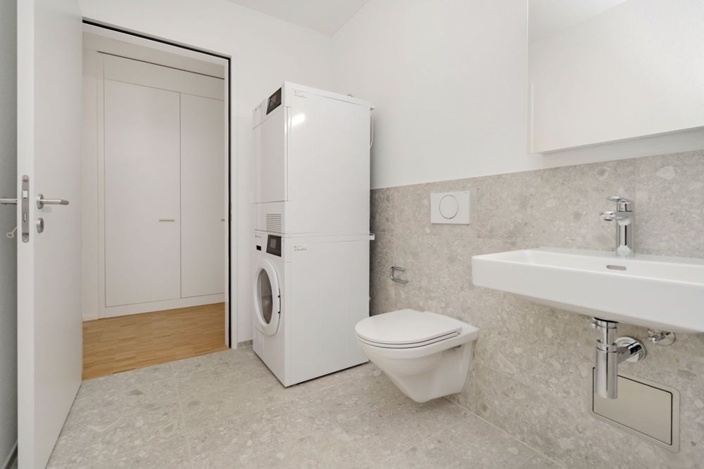 Zentrales und grösszügiges Wohnen im Färbiareal - Badezimmer mit Waschturm