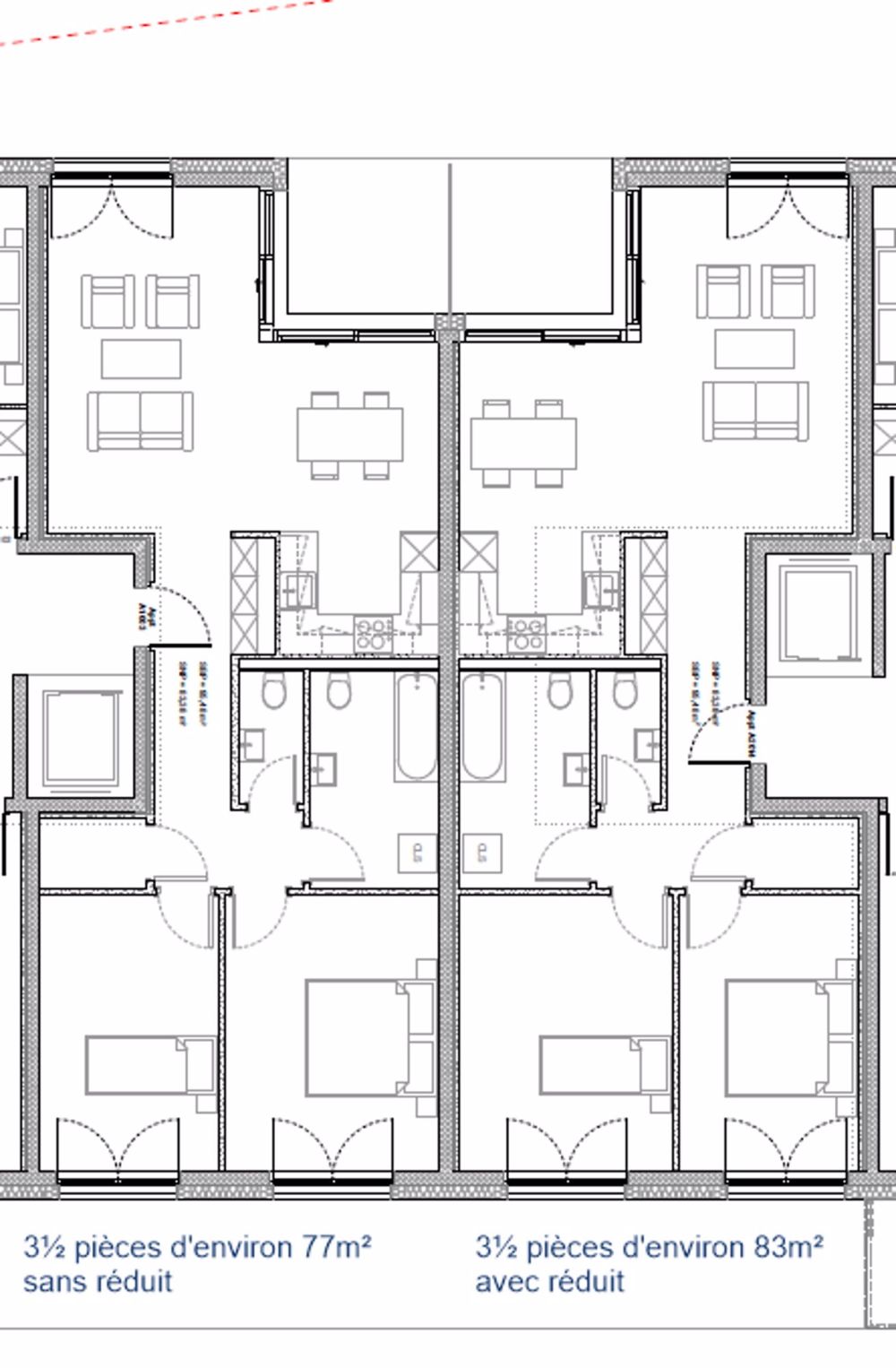 Neue 3½-Zimmer-Wohnungen von etwa 77 oder 83 m² mit: - Eingang mit Einbauschränken - Gut ausgestattete offene Küche - Helles Wohnzimmer mit Zugang zum Balkon oder zur Terrasse - Zwei Schlafzimmer - Badezimmer/WC mit Waschmaschine - Separates WC - Abstellraum in den etwa 83 m² großen Wohnungen - Balkon oder Terrasse - Bild 2