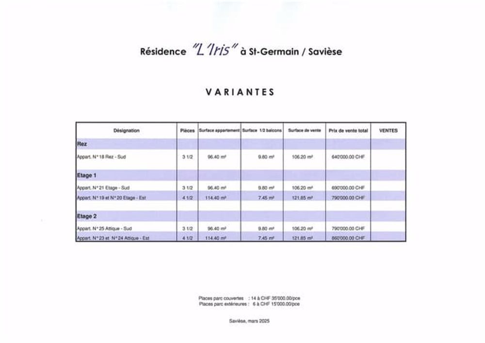 Nouvelle résidence "L'Iris" de 11 appartements - Prix de vente - Variantes