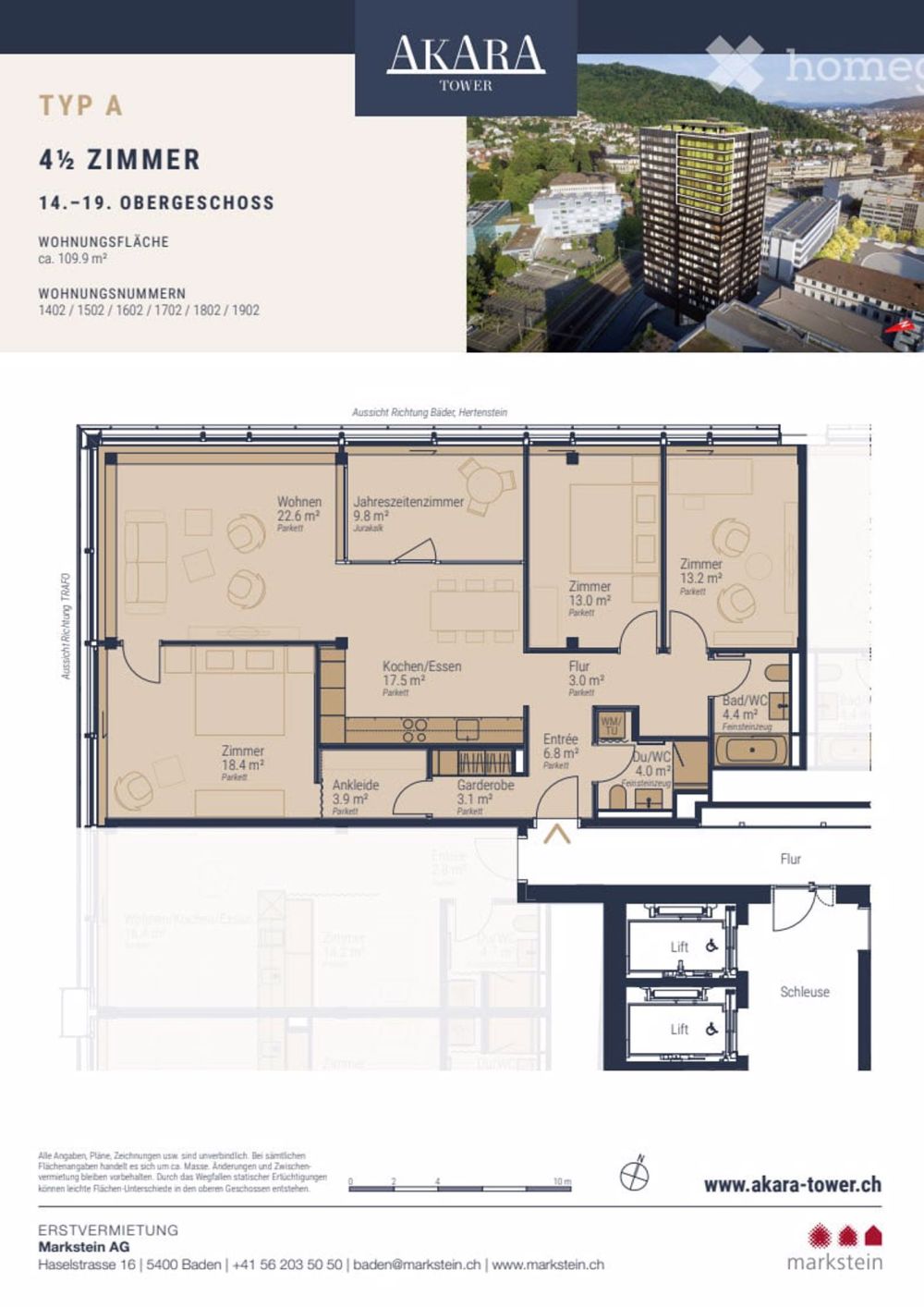 Attraktive 4.5-Zimmerwohnung im Akara Tower in Baden zu vermieten - Bild 4