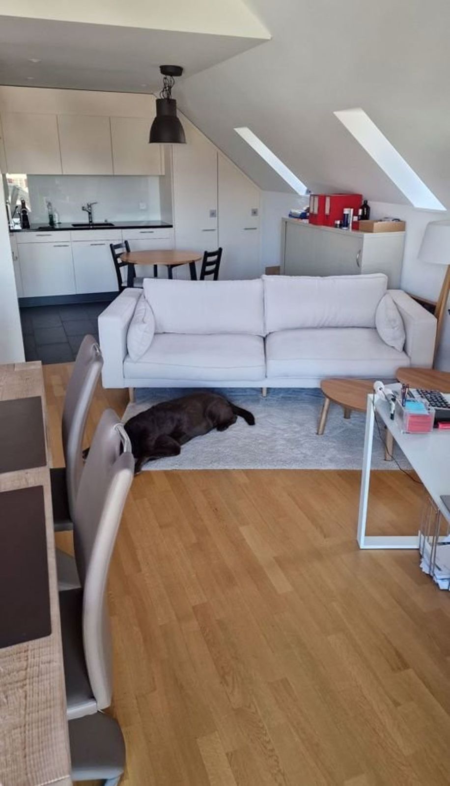 Schöne 1.5-Zimmerwohnung im Dorfkern zu vermieten - Wohnzimmer mit Blick zur Küche