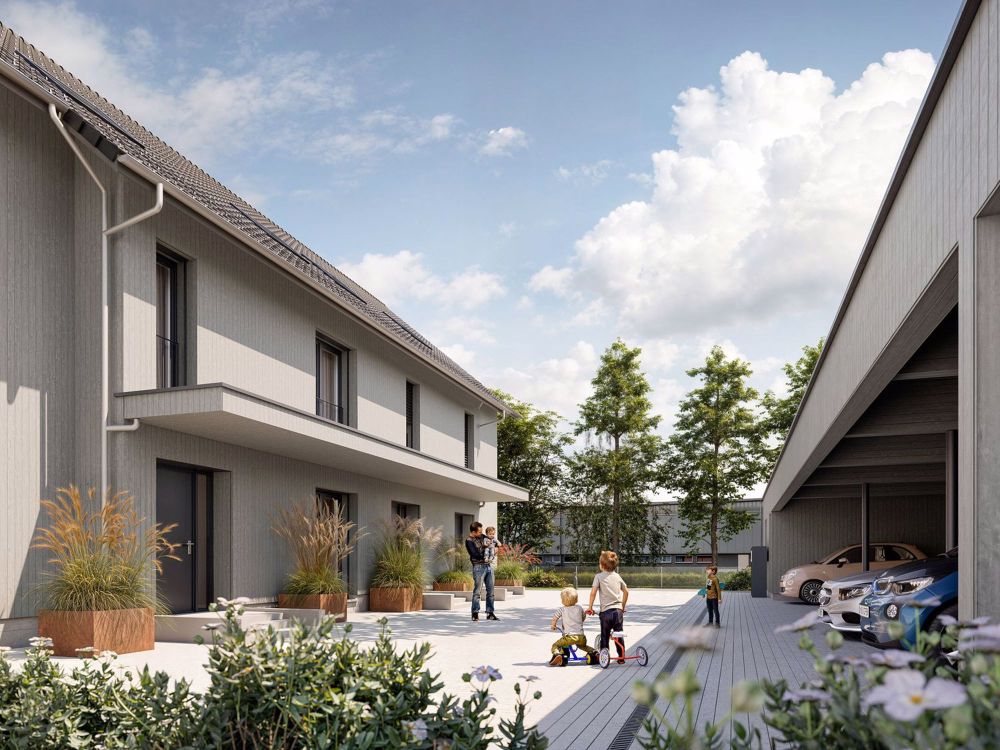 Ihr Eigenheim am Reusskanal - Häuser am Fähriweg, Buchrain - Carport-Parkplätze und gemeinsam genutzter Hausvorplatz bietet Platz für Spiel und Begegnung