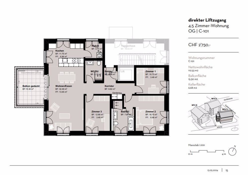 Neubauwohnung mit fixem pauschalem Bruttomietzins inkl. Nebenkosten für 5 Jahre - Grundriss 1. OG