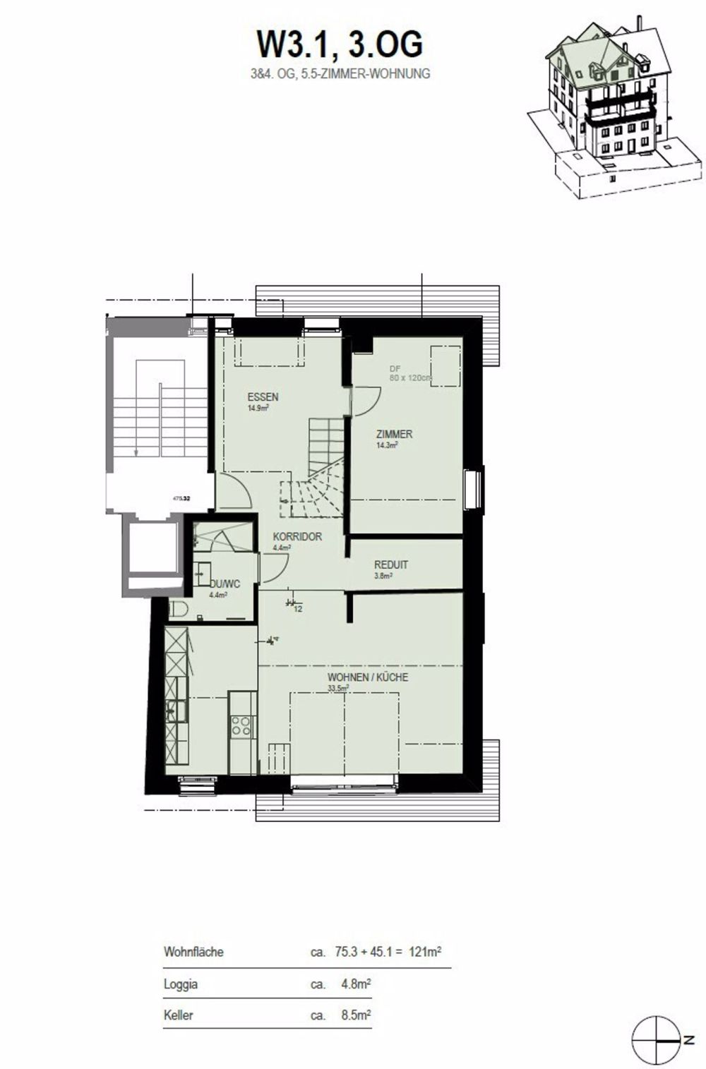 Erstbezug 5.5-Zimmer-Maisonette-Wohnung an Top-Lage in Zürich - Grundrissplan 3. OG