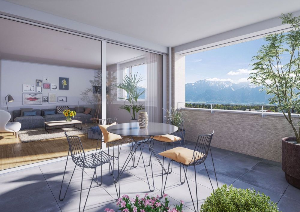 Mit freier Sicht vom Stockhorn bis zum Jura mit Abendsonne - Visualisierung Balkon