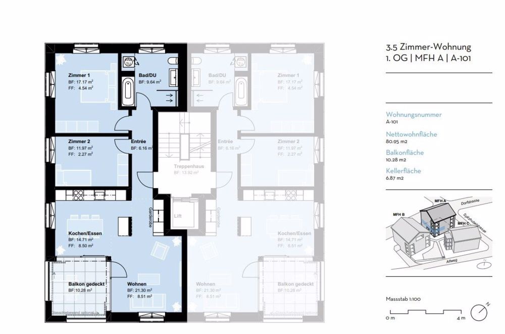 Hochmoderne 3.5-Zimmerwohnung mit Balkon im Erstbezug - Grundriss_A-101