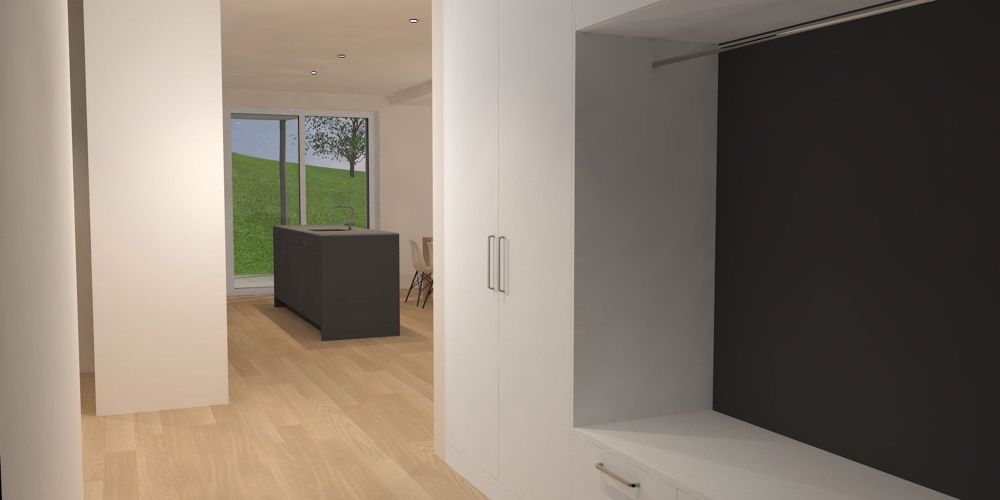 Erstbezug mit erstklassigen Standard - Garderobe Küche EG 3.5 weiss