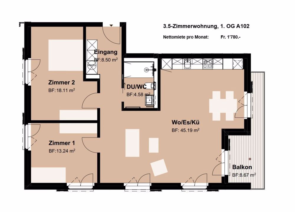 North Seven - Sonnige und geräumige Neubauwohnungen - Grundriss 3.5-Zimmerwohnung, 1. OG A101