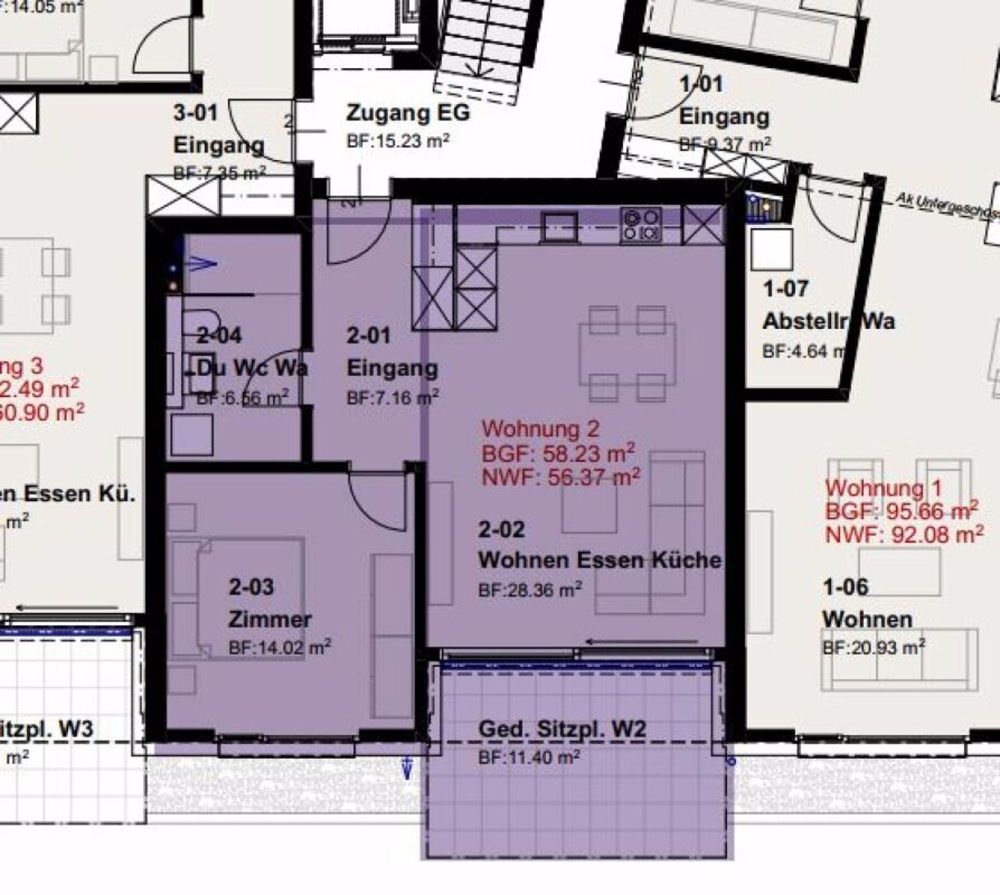 Moderne 2.5 Zimmerwohnung mit schönem Sitzplatz - Grundriss