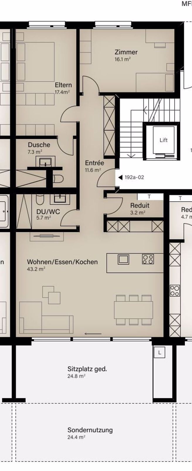 moderne Erdgeschosswohnung mit grossem Sitzplatz - Grundriss
