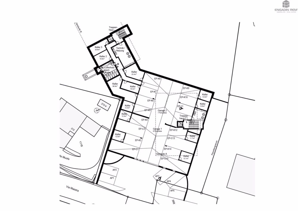 Neubau 4.5-Zi-Dachwohnung Camperhome Brail - Garagengeschoss Gebäude A & 2. Untergeschoss Gebäude B / Garage floor, Building A & 2nd basement floor, Building B / Livello garage, casa A e 2° piano interrato