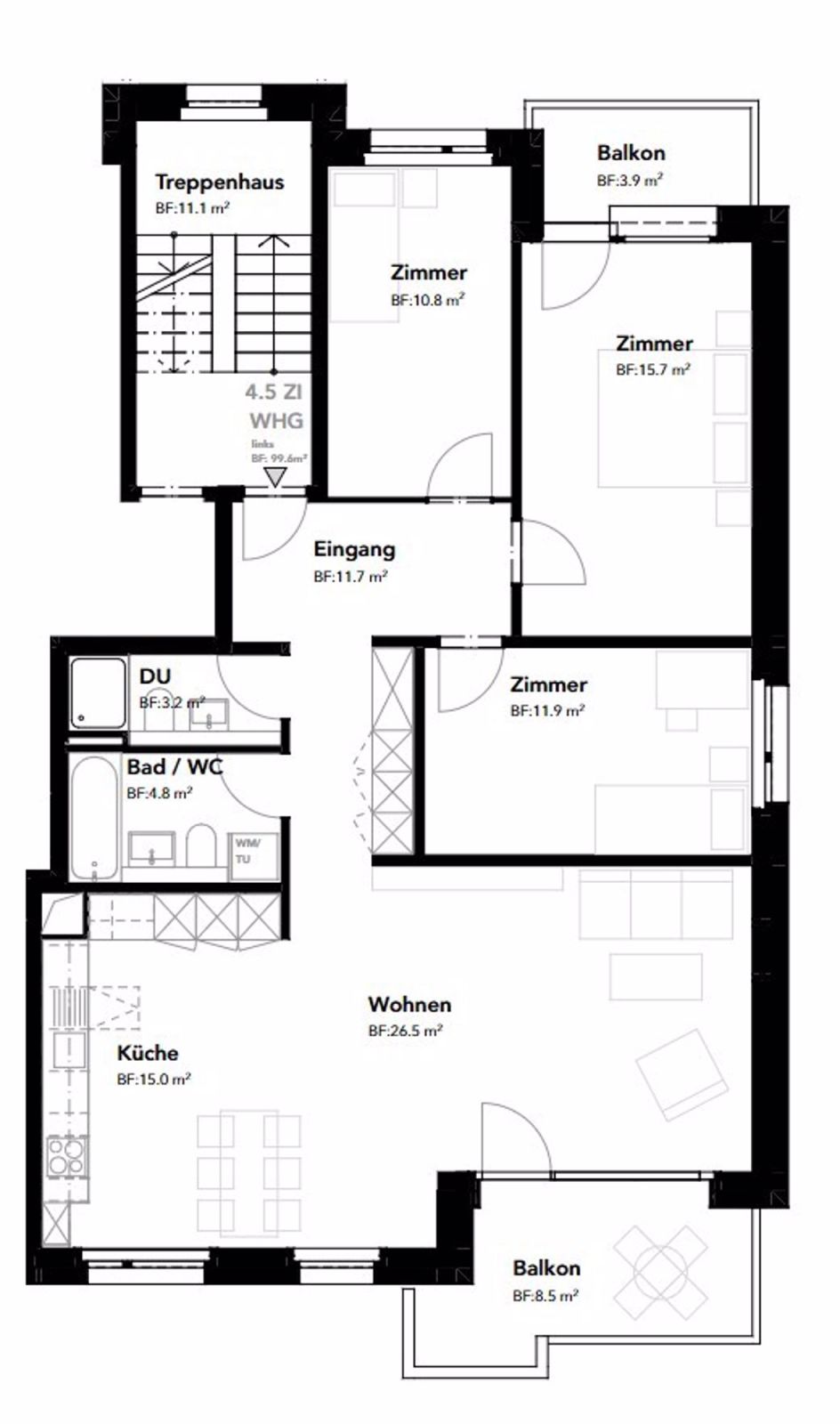 Erstvermietung per 01.10.2025: Stadtnahes Wohnen im Grünen - Beispiel Grundriss 4.5 Zimmerwohnung links