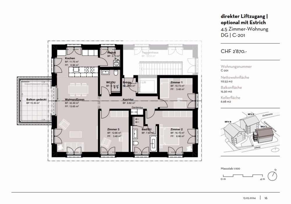 Neubauwohnung mit fixem pauschalem Bruttomietzins inkl. Nebenkosten für 5 Jahre - Grundriss 2. OG