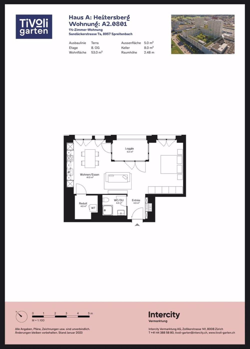 Nachmieter/in gesucht per 16. Oktober 2025 Erstbezug! Moderne 1.5-Zimmer-Neubauwohnung im Tivoli Garten, Spreitenbach - Grundriss