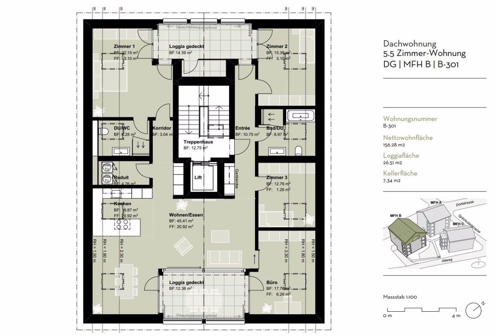 5.5-Zimmer-Dachwohnung mit Balkon und Loggia im Erstbezug - Grundriss_B-301
