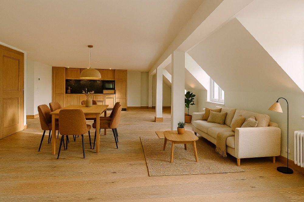ERSTVERMIETUNG: Exklusive Attikawohnung mit 76 m² eigener Dachterrasse und 360° Panoramablick - Wohn- und Essbereich (Beispielbild)