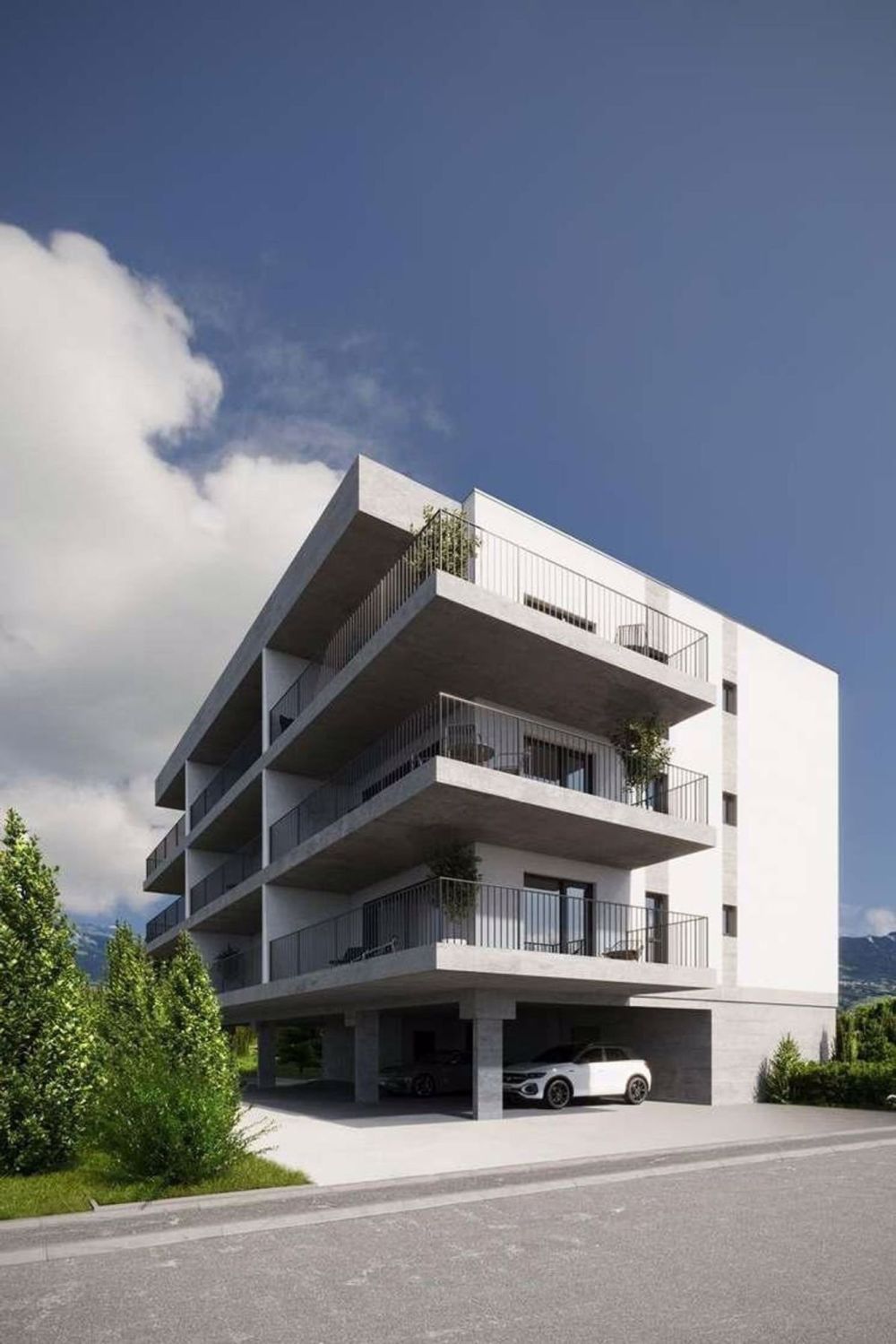 Zu vermieten - Neues Minergie-Appartement 2.5 Zimmer mit großem Balkon und Innengarage in Aproz (Residenz The Cube) - Façade