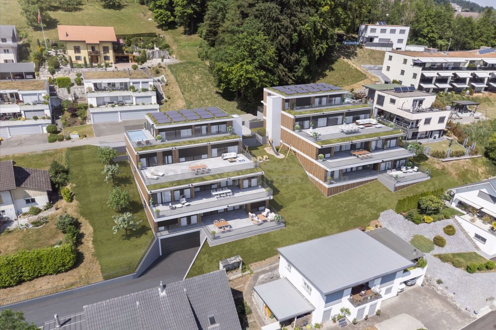 Weitblick Egerkingen - exklusives Wohnen mit Blick auf die Alpen! - Drohnen Ansicht / Terrasse