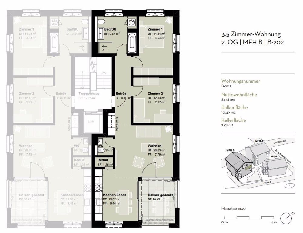 Hochmoderne 3.5-Zimmerwohnung mit Balkon im Erstbezug - Grundriss B-202