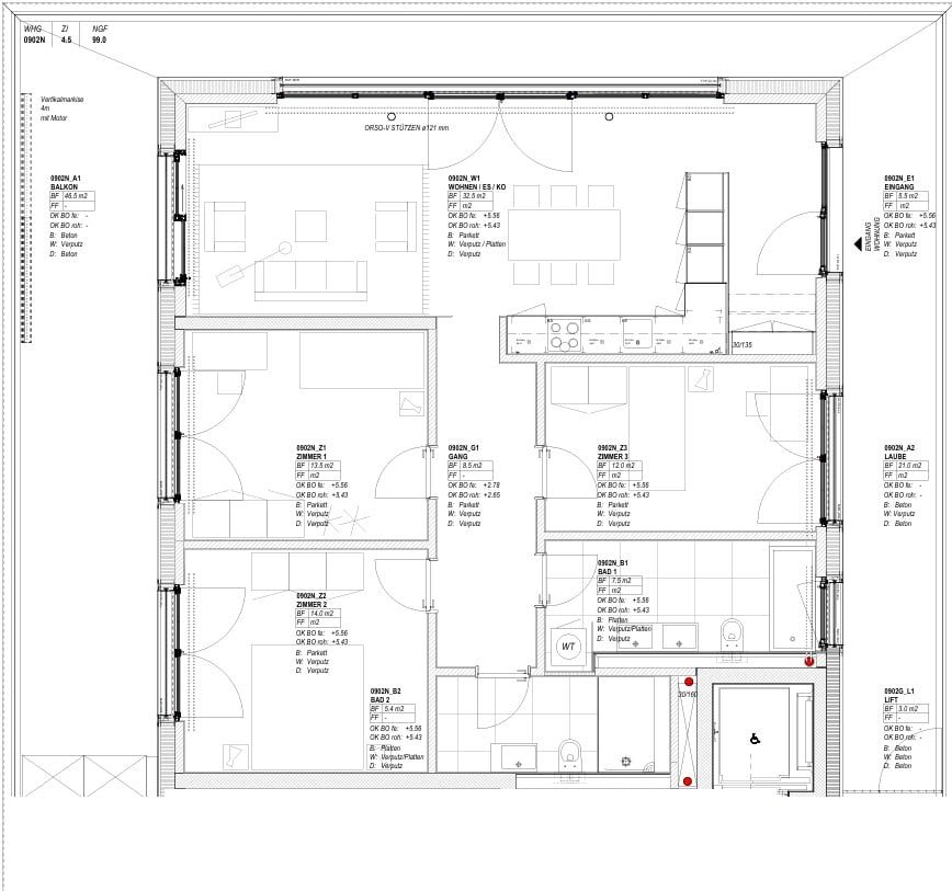 Erstbezug  viel Platz zum Wohnen mit einer Terrasse von ca. 46m² - Grundrissplan Nord 0902N 4.5 ZWG