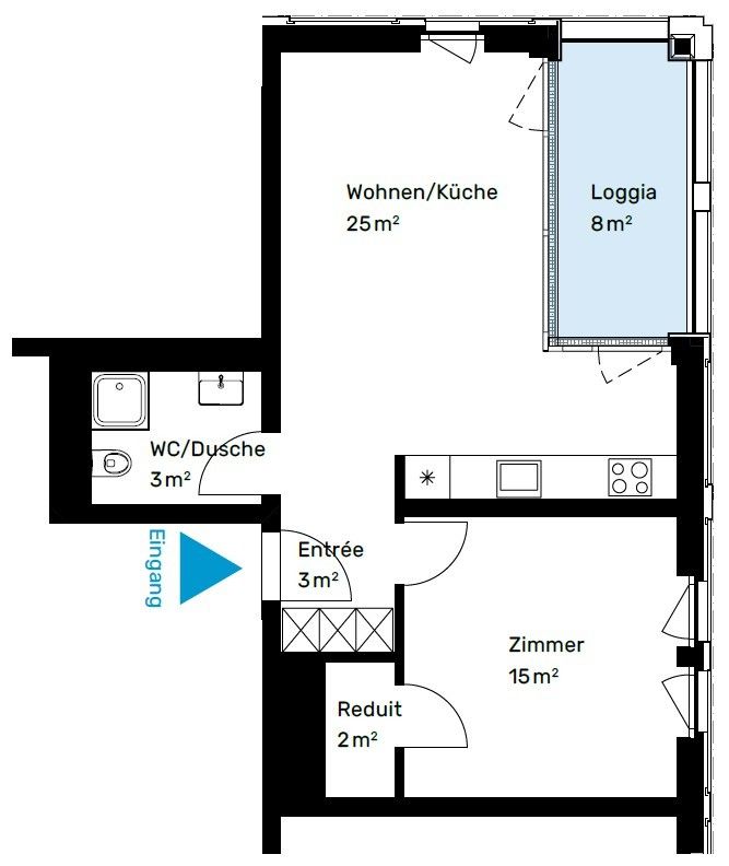 Moderne 2.5-Zimmer-Neubauwohnung (möbliert) direkt am Bahnhof Wetzikon - Grundriss