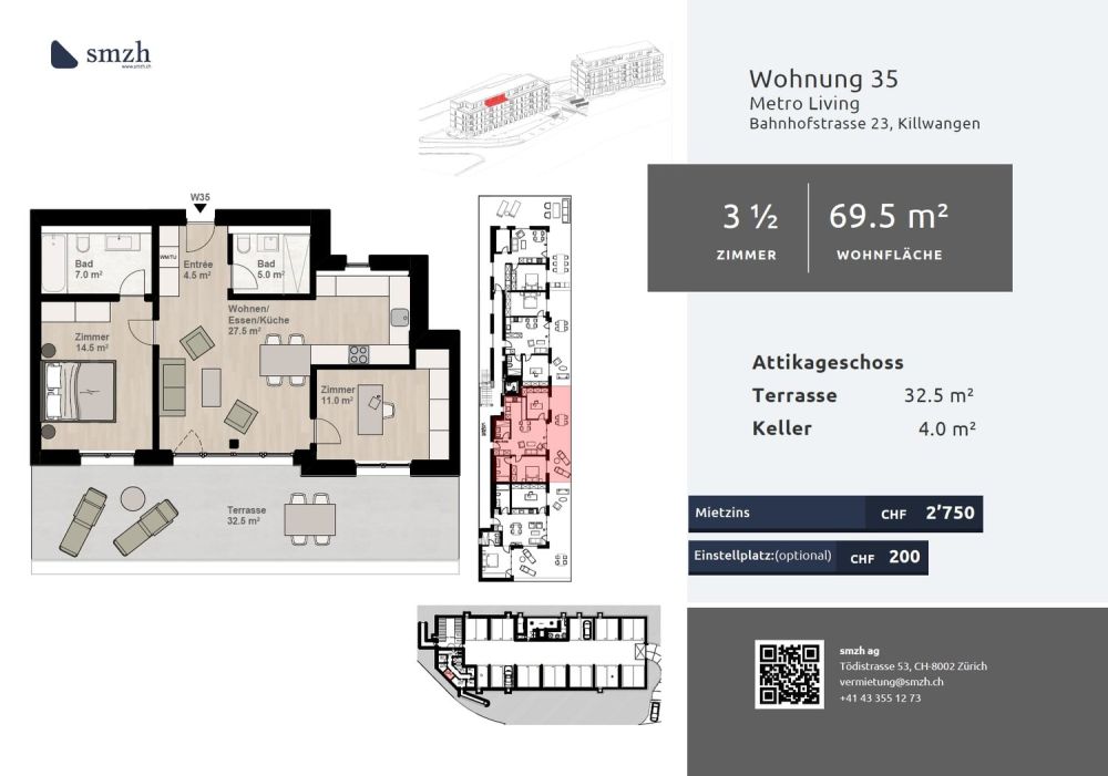 3.5-Zimmer-Attika mit grosser Terrasse in Killwangen mieten - Bild 2