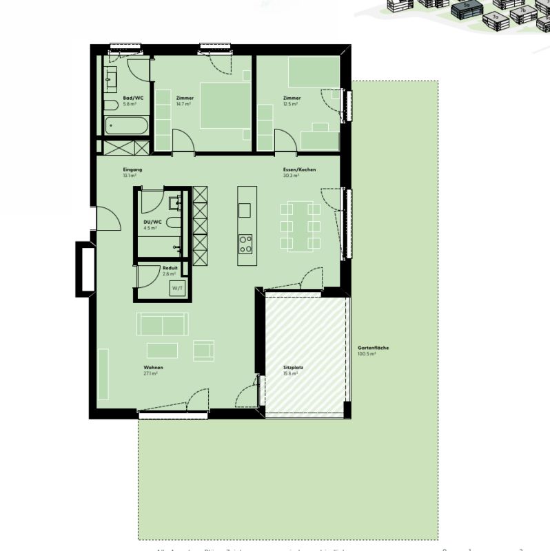 Exklusive 3.5-Zimmer-Gartenwohnung mit grosszügigem 100 m² Privatgarten - Grundriss