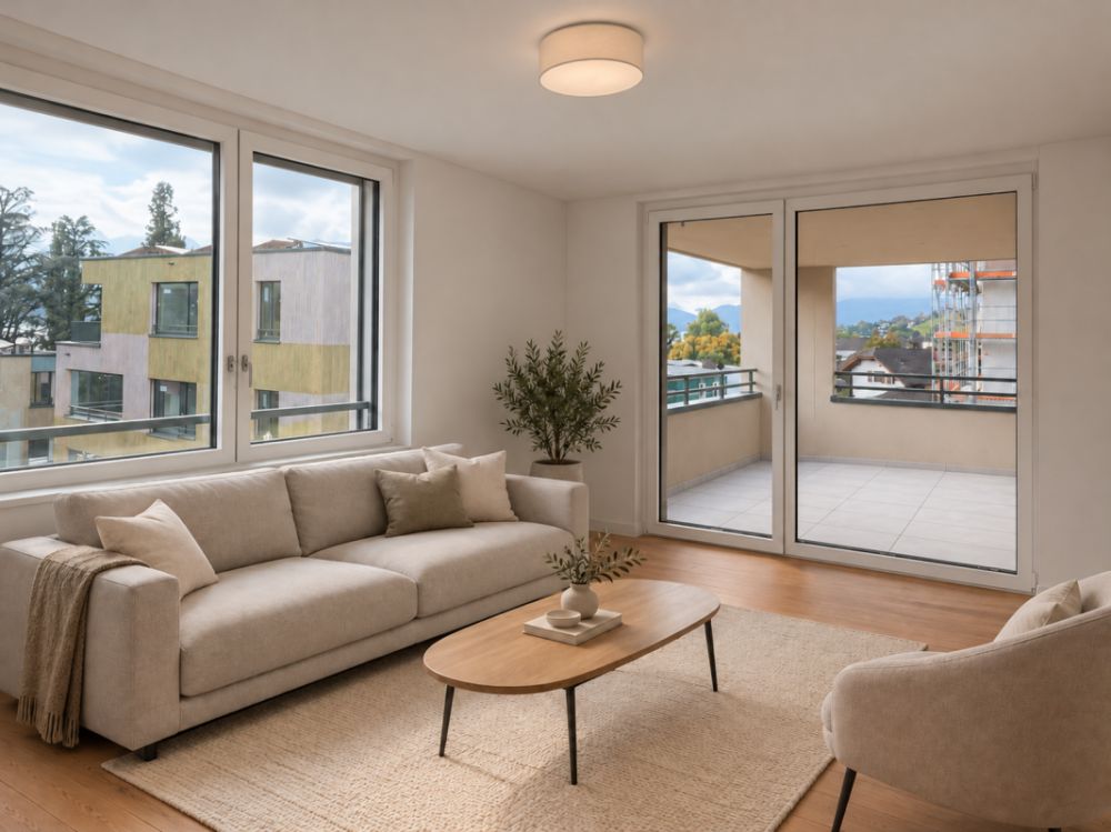 Traumhafte 3.5-Zimmer-Wohnung mit Rigiblick im Erstbezug - Offener Wohnbereich mit direktem Zugang zur Loggia im Wohnbereich