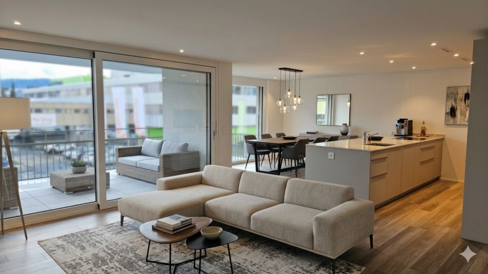 ERSTBEZUG Neubau - Sonniges Wohnen am ehemaligen Rebhang in Stäfa - Wohnzimmer Küche (visualisiert)