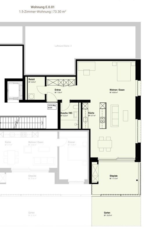 Neu & Zentral - grosse 1.5-Zimmerwohnung mit Gartensitzplatz - Grundriss E.0.01