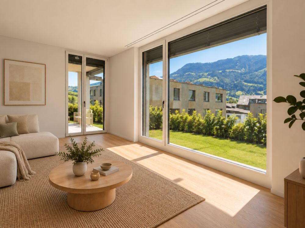 3.5-Zimmer-Gartenwohnung mit 118 m² Wohnkomfort - Erstbezug in Merlischachen - Besonders heller Wohnbereich mit mehreren bodentiefen Fenstertüren