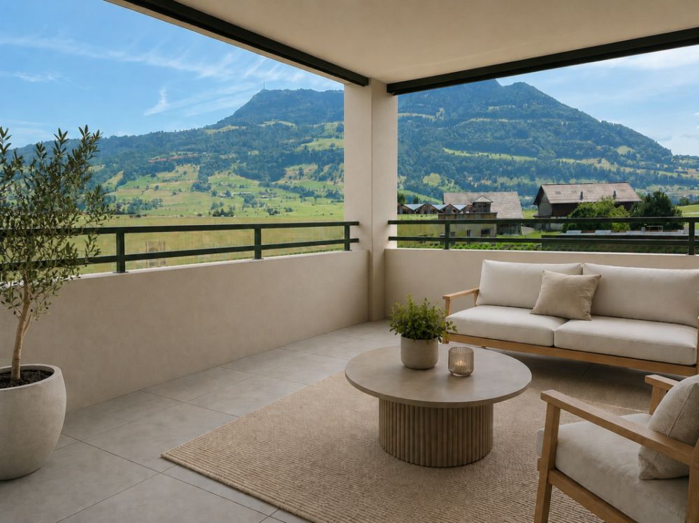 Exklusive 3.5-Zimmer-Wohnung im Erstbezug mit traumhaftem Rigi-Panorama - Loggia mit Blick auf die Rigi - zum Greifen nahe
