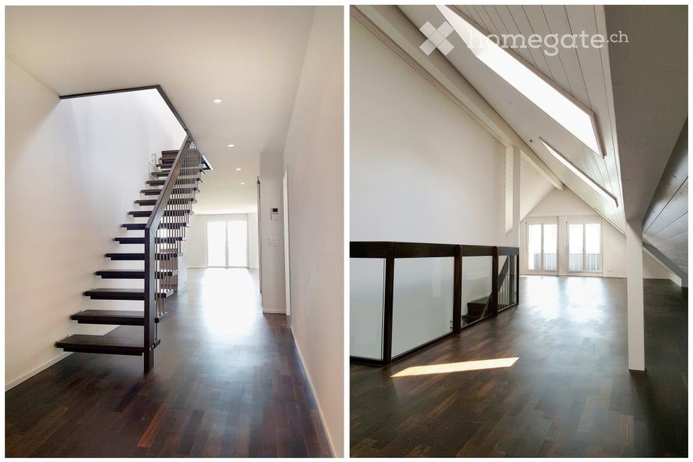 Sehr grosse, exklusive Wohnung mit modernem Einfamilienhaus-Charakter - Aufgang in das obere, grosse Stockwerk mit 3. Badezimmer und grossem Balkon