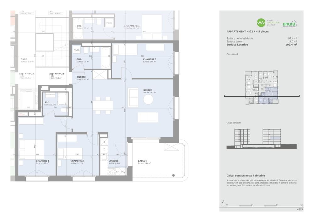 Exceptionnel appartement de 4.5 pièces à louer à Marly ! - Plan H-22