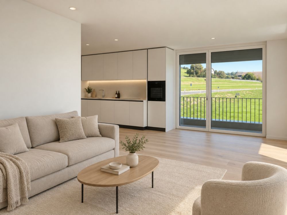 Neubau - 2.5-Zimmer-Attikawohnung mit spektakulärer See- und Alpensicht - Helle Küche mit hochwertigen Miele-Geräten und harmonischer Integration in den offenen Wohnbereich