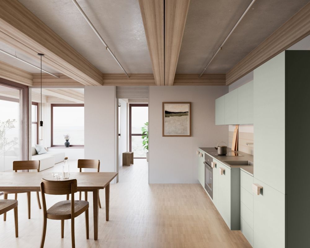 Zwhatt  Its city. Its country. Its life. - Visualization of kitchen, parquet flooring, kitchen in sage green