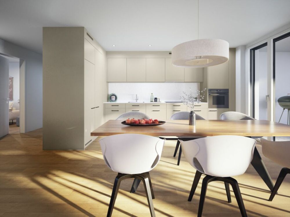 rhystäffeli - Exklusive 4.5 Zimmer-Neubauwohnung an privilegierter Lage - Koch- / Essbereich Haus 6a (Visualisierung)