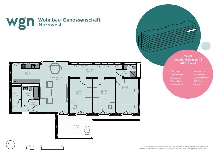 Erstvermietung 4.5-Zimmerwohnung im neuen Quartier Volta Nord - Grundrissplan Volta Nord 4.5- Zwg 5.OG mitte