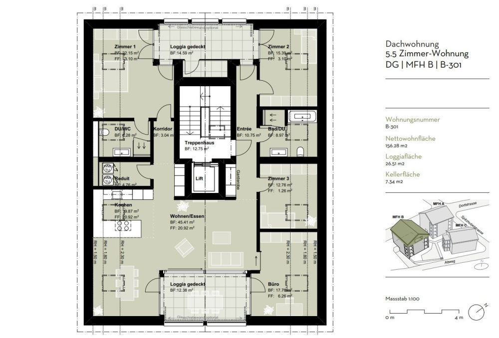 5.5-Zimmer-Dachwohnung mit Balkon und Loggia im Erstbezug - Grundriss B-301