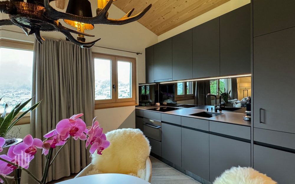 ImmoWyss -  Alleinstehendes (Ferien-) Chalet unter der Eigernordwand - Küche mit Backofen, Induktionskochherd, Geschirrspühlmaschine