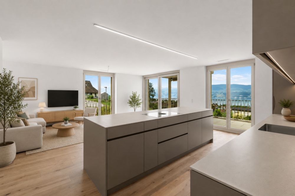TILIA | Wohnen mit 180° Seesicht - 3.5-Zimmer mit 111 m2 NWF - Bezugsbereit ab 5. Oktober 2026 - Küche, Wohnen u. Essbereich, KI-Möblierung
