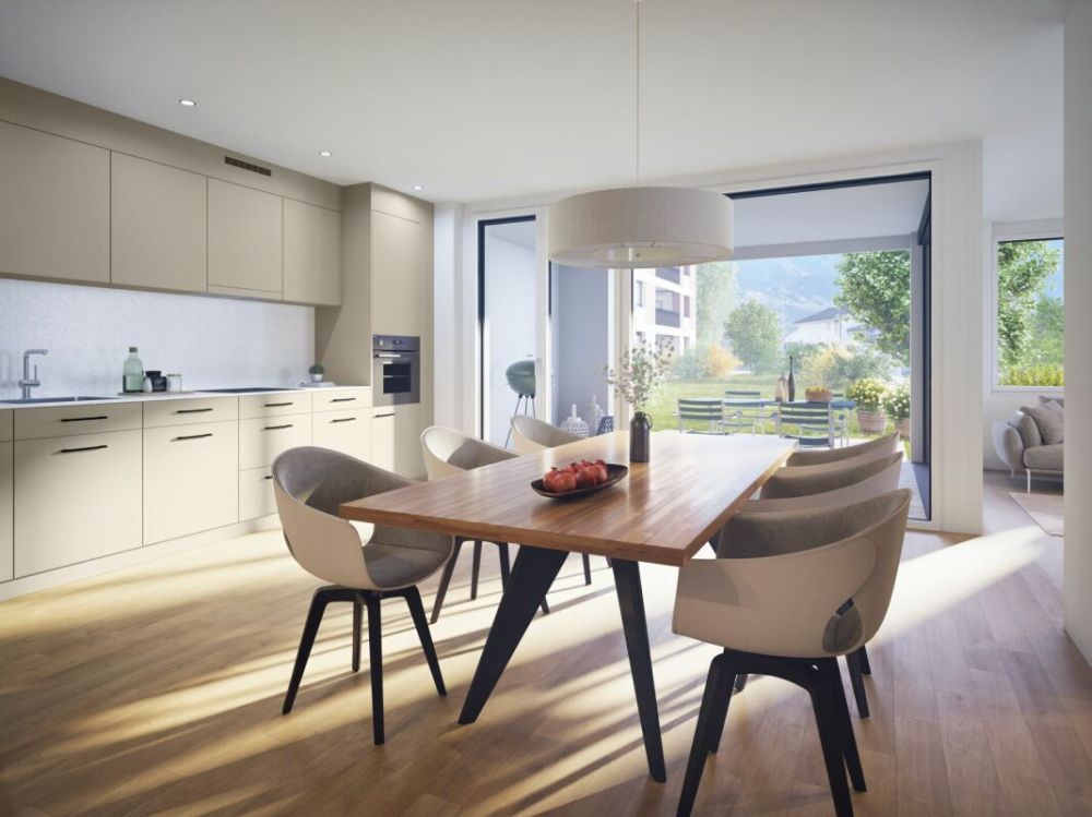 rhystäffeli - Exklusive 4.5 Zimmer-Neubauwohnung an privilegierter Lage - Koch- / Essbereich Haus 6a (Visualisierung)