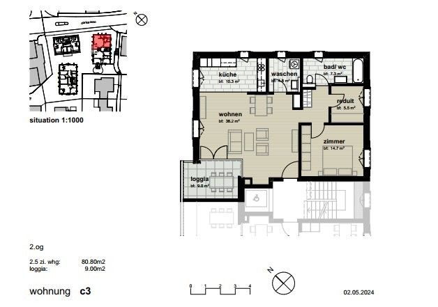2.5 Zimmerwohnung direkt am Bahnhof Rüti - Grundrissplan C3