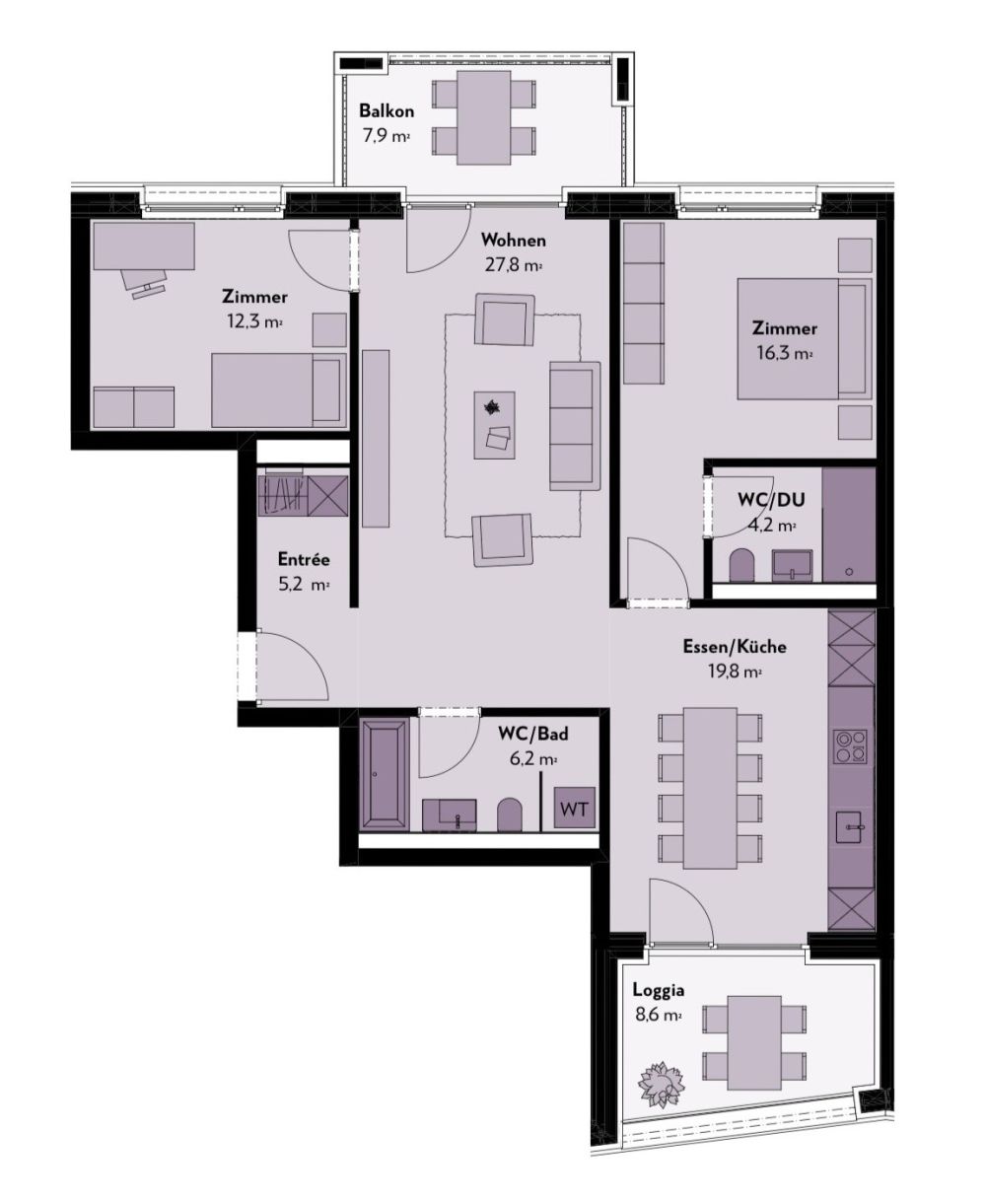 Erstvermietung | Moderne 3.5-Zimmer-Wohnung mit zwei Aussenbereichen & Einstellhallenplatz inklusive - Grundriss