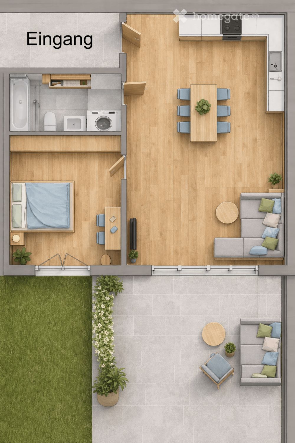 Neubau-Erstbezug: Stilvolle 2-Zimmer-Wohnung mit Eichenparkett und grossem Sitzplatz - Bild 4