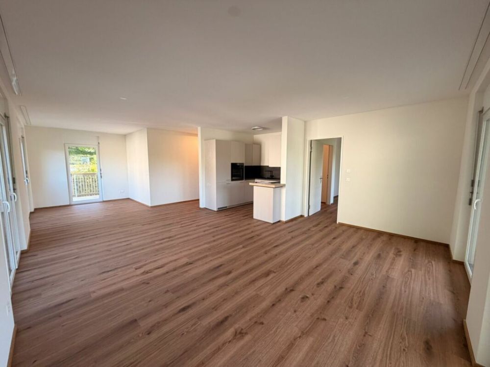 Erstbezug: sonnige 3.5 Zimmer-Wohnung mit Aussicht an ruhiger Lage - Wohnzimmer mit offener Küche