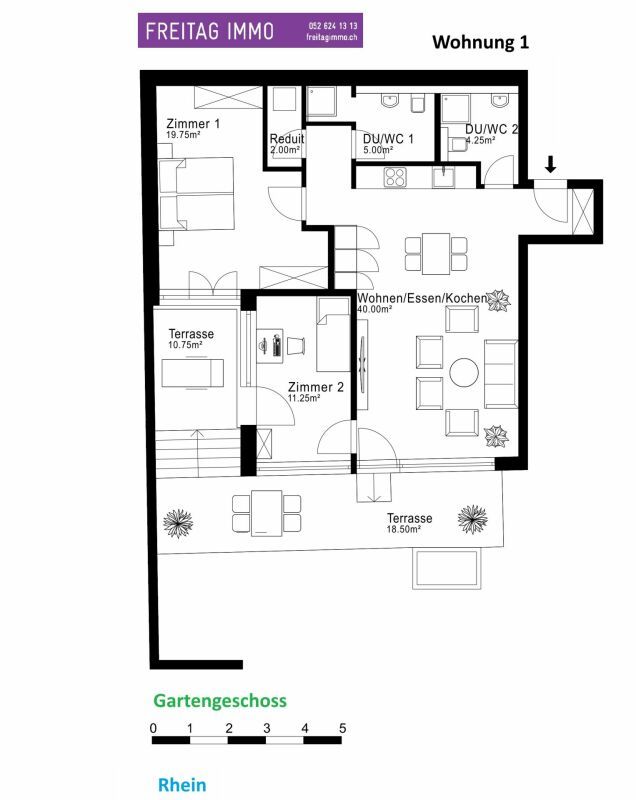Ihre Traumwohnung beim Rhein und in Gehdistanz zum Bahnhof - Der Grundriss der Gartenwohnung mit Lift
