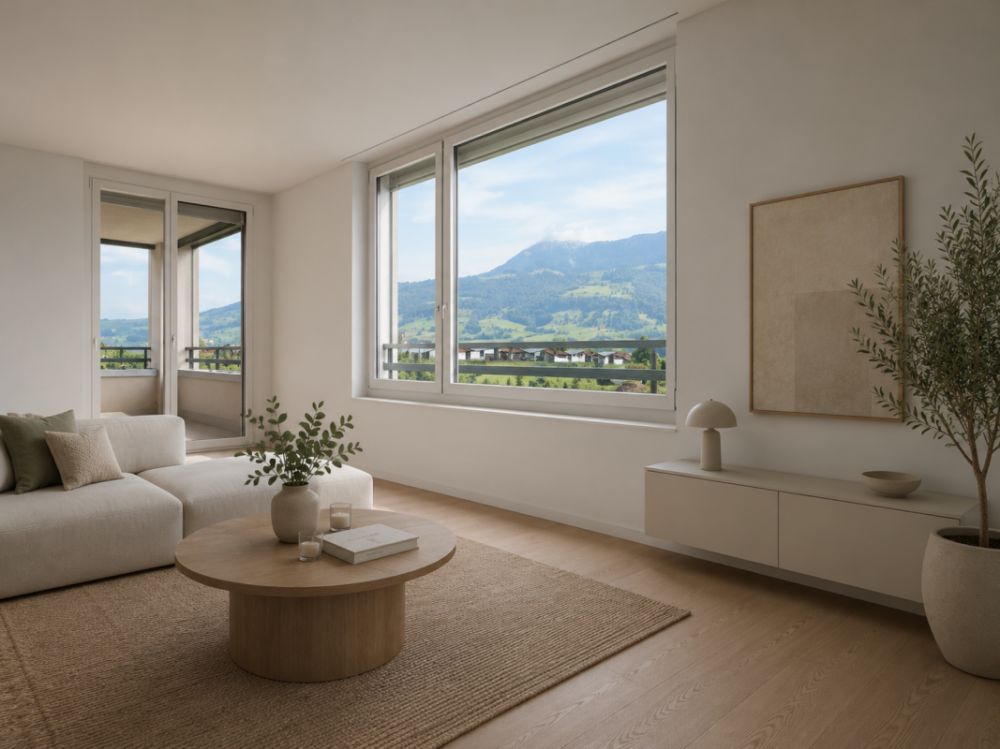 Exklusive 3.5-Zimmer-Wohnung im Erstbezug mit traumhaftem Rigi-Panorama - Wohnraum mit Blick zur Rigi