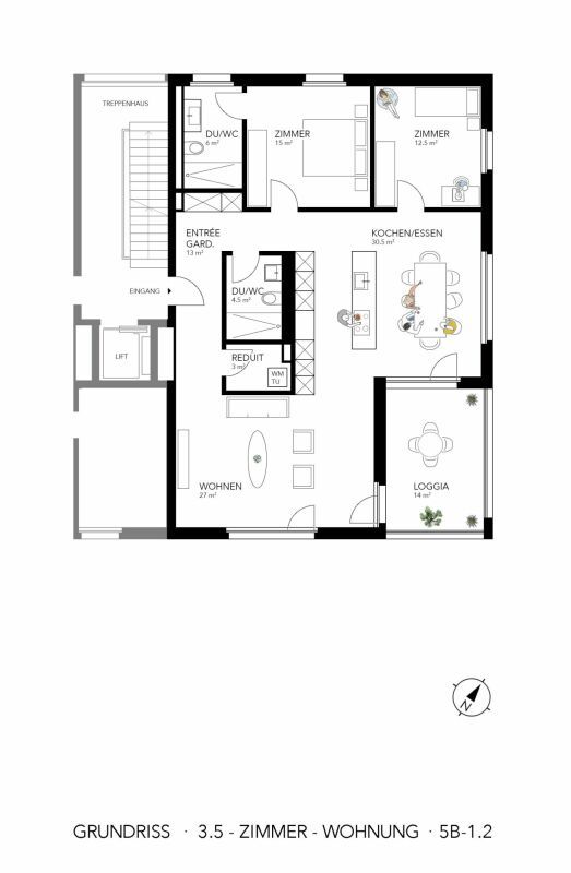 Exklusive 3.5-Zimmer-Wohnung im Erstbezug mit traumhaftem Rigi-Panorama - Grundriss Merlischachen 5b.1-2