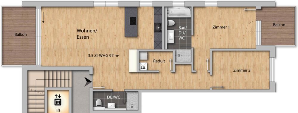 Upgrade your Living! 3½-Zimmer-Wohnung mit hohem Ausbaustandard und vielen Extras (Bezug Februar 2027) - Grundrissplan Wohnung Nr. 1.3